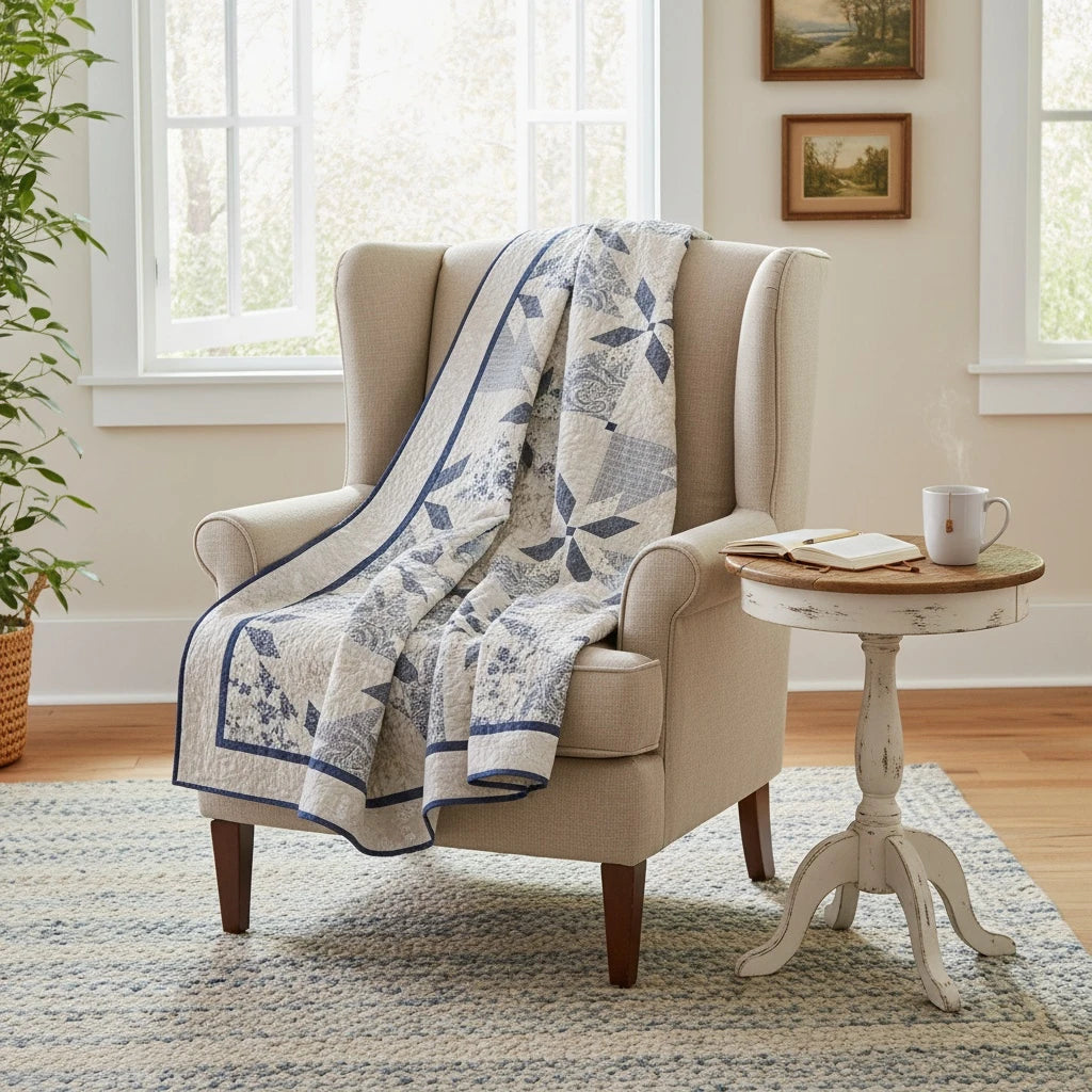 Blue and Cream Throw shown draped over a wingback chair in a traditionally styled room