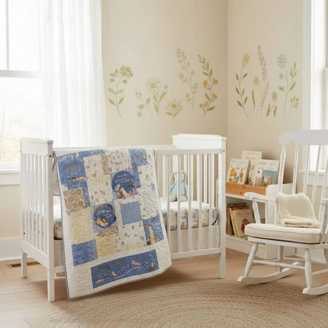 Blue and white patchwork quilt displayed over a white crib in a cozy nursery with a bookshelf in the corner, neutral floral wall decals, and soft-toned decor.