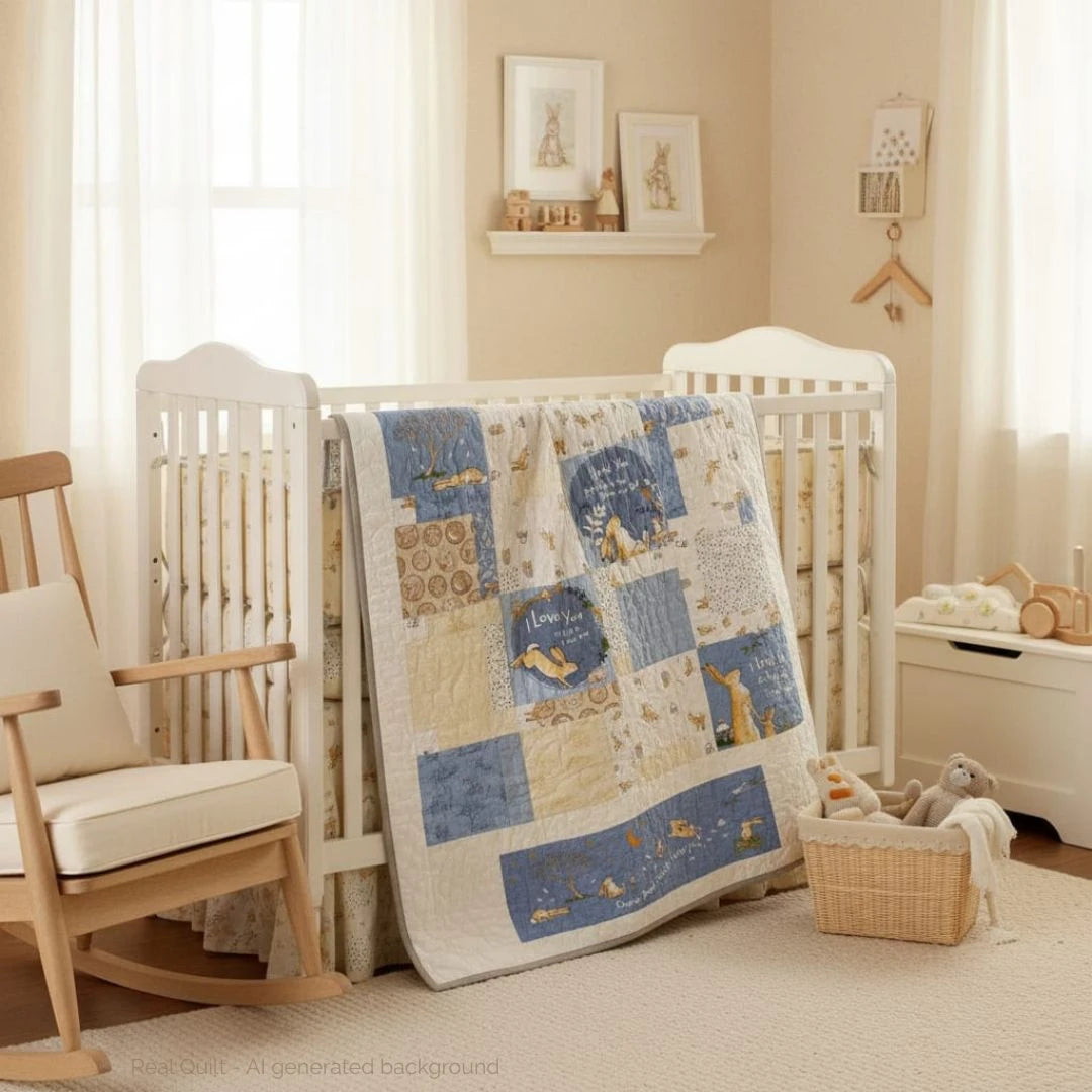 Handmade blue and white baby quilt draped over a crib in a soft neutral nursery with a white wooden toybox and beige walls. Natural diffused light adds to the calm atmosphere.