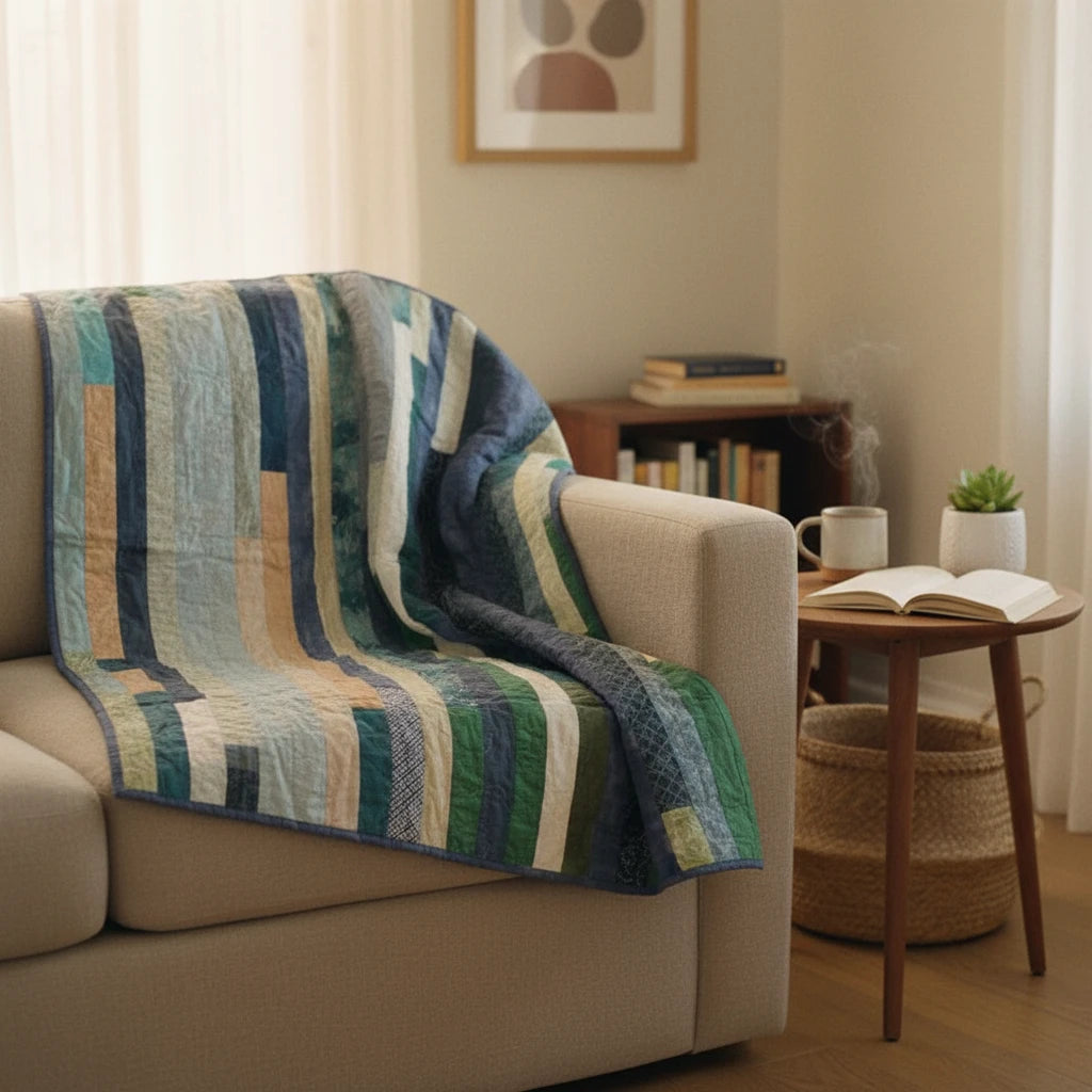 Handmade blue and green striped quilt casually draped over the arm of a neutral sofa, with an open book, steaming mug, and small shelf in the background.