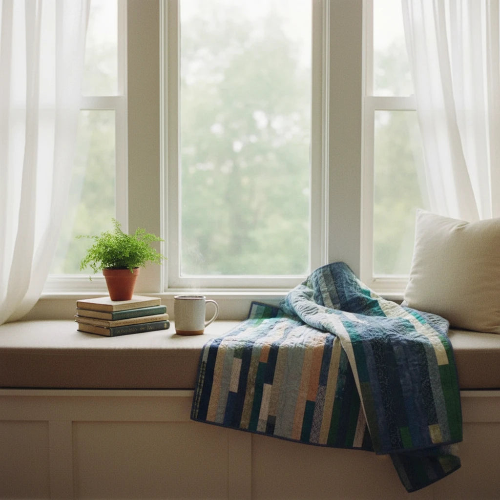 Handmade blue and green stiped quilt draped across a bright window seat beside a stack of books, a potted fern, and a steaming much, with soft morning light filtering through sheer curtains.