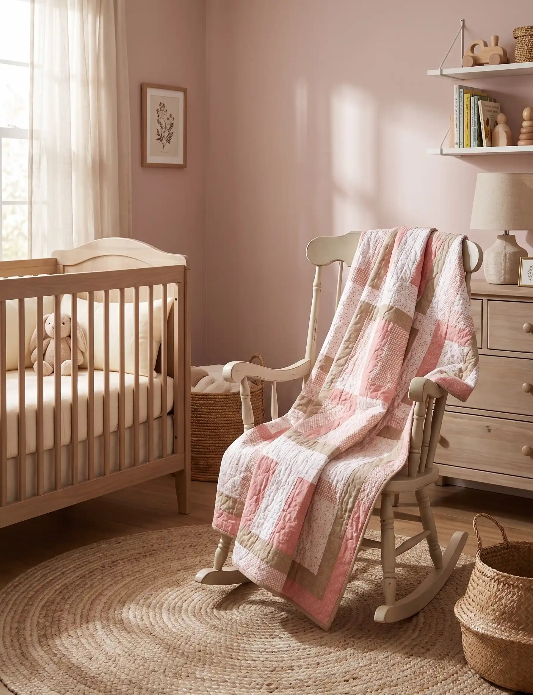 Blushing Pathways Baby Quilt shown draped over a rocking chair in a pale pink nursery.