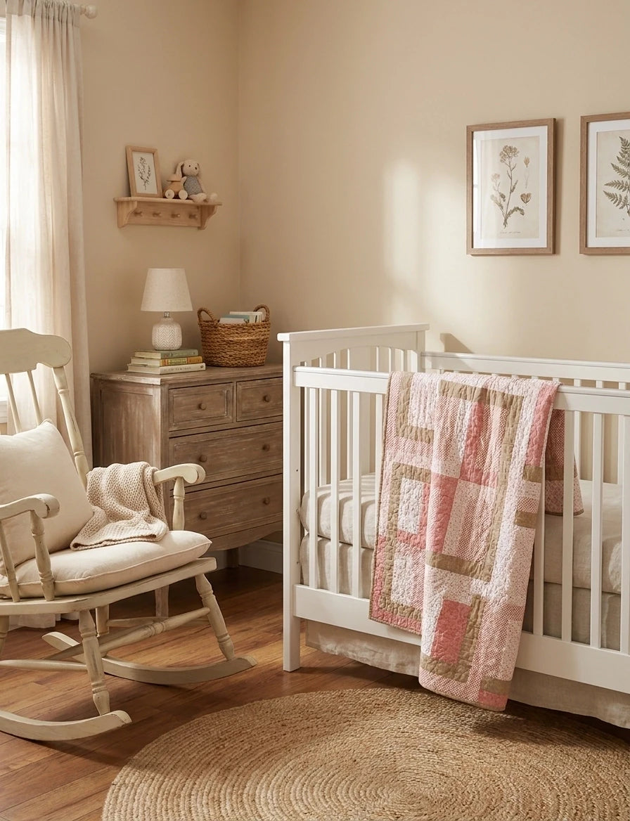 Blushing Pathways Baby Quilt shown draped over a white crib in a cream nursery.