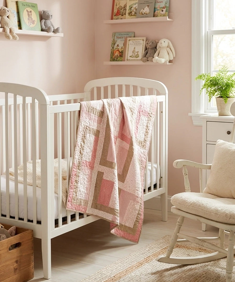 Blushing Pathways Baby Quilt shown draped over a white crib in a pale pink nursery.