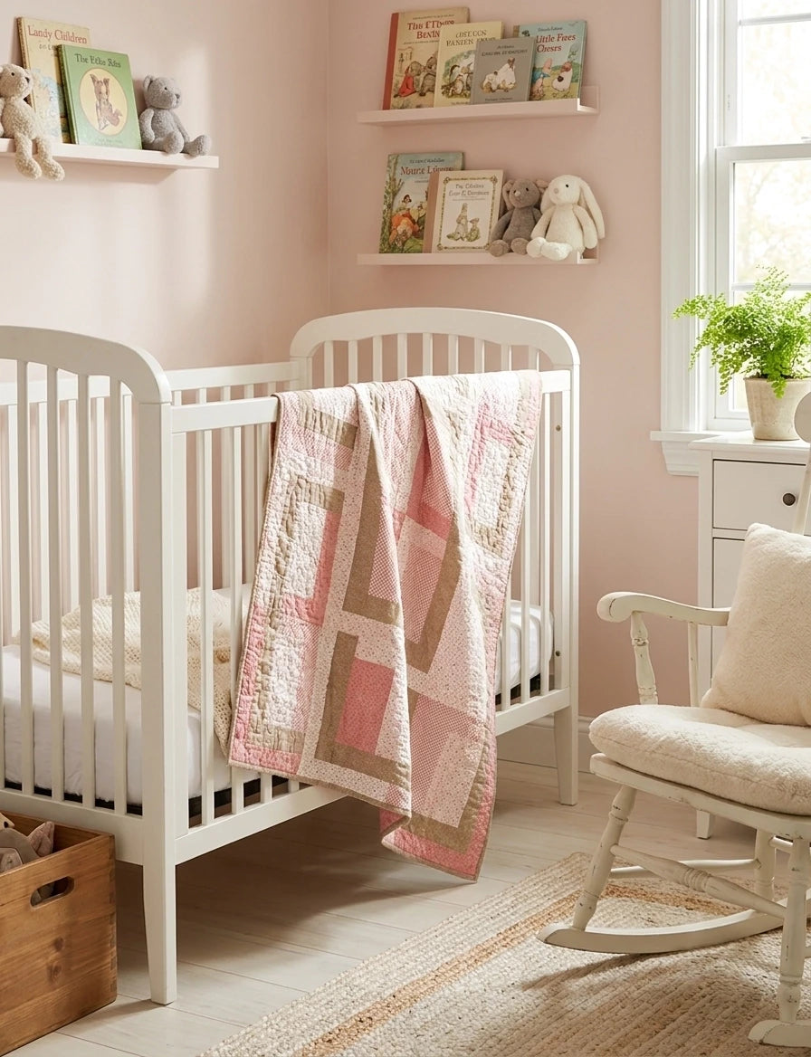 Blushing Pathways Baby Quilt shown draped over a white crib in a pale pink nursery.