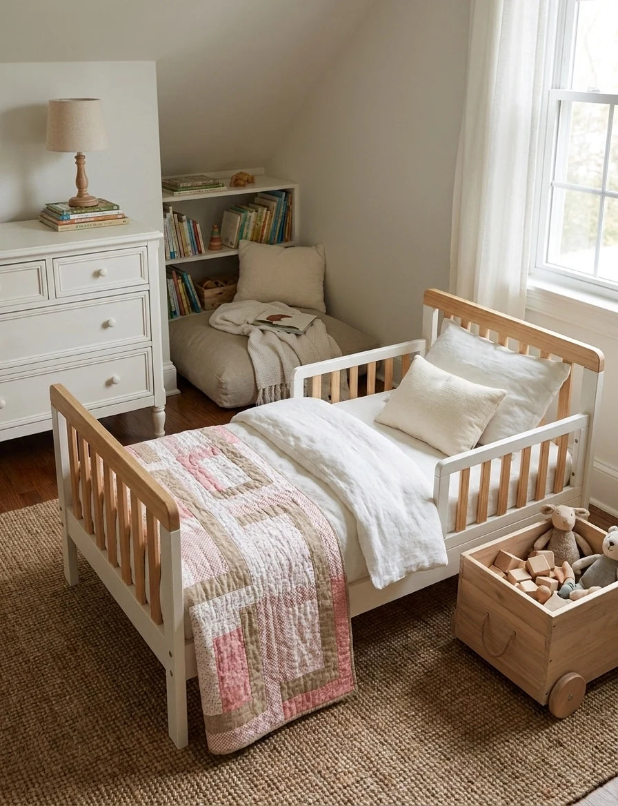 Blushing Pathways Baby Quilt shown folded at the foot of a child's bed.