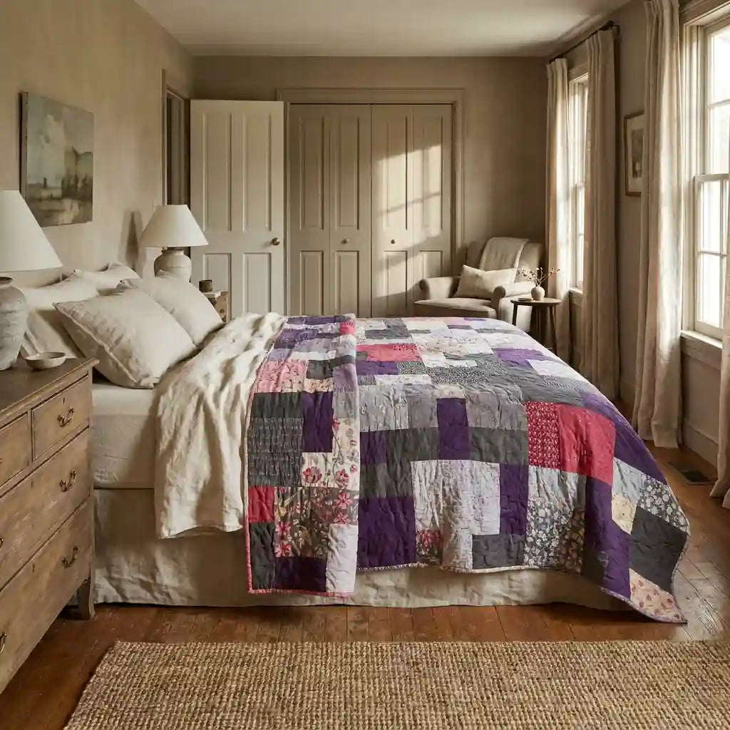 Bramble and Stone King quilt shown in a neutral bedroom on a queen sized bed.