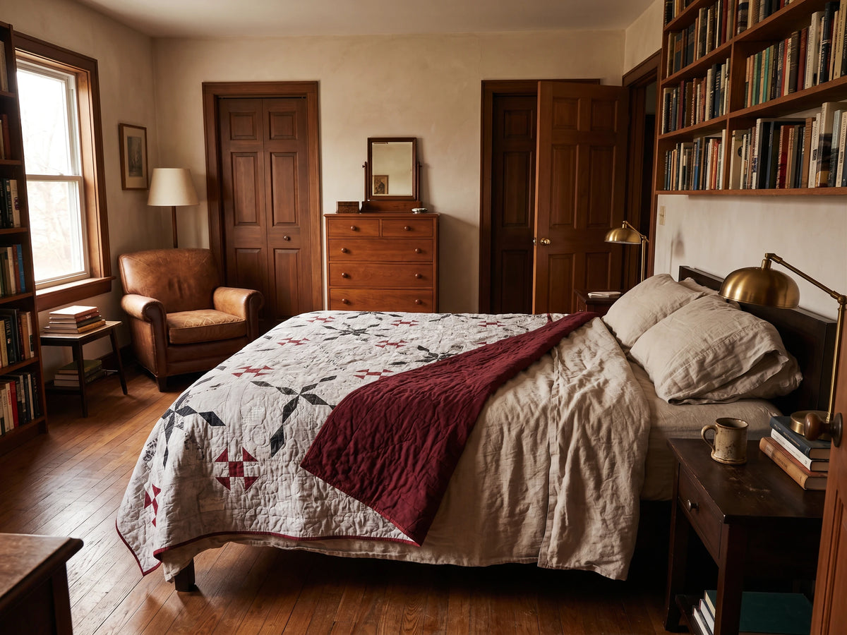 A cozy bedroom scene featuring a bed dressed with Cartographer's Notes Queen Quilt, surrounded by warm wood furniture, bookshelves, and a leather armchair.