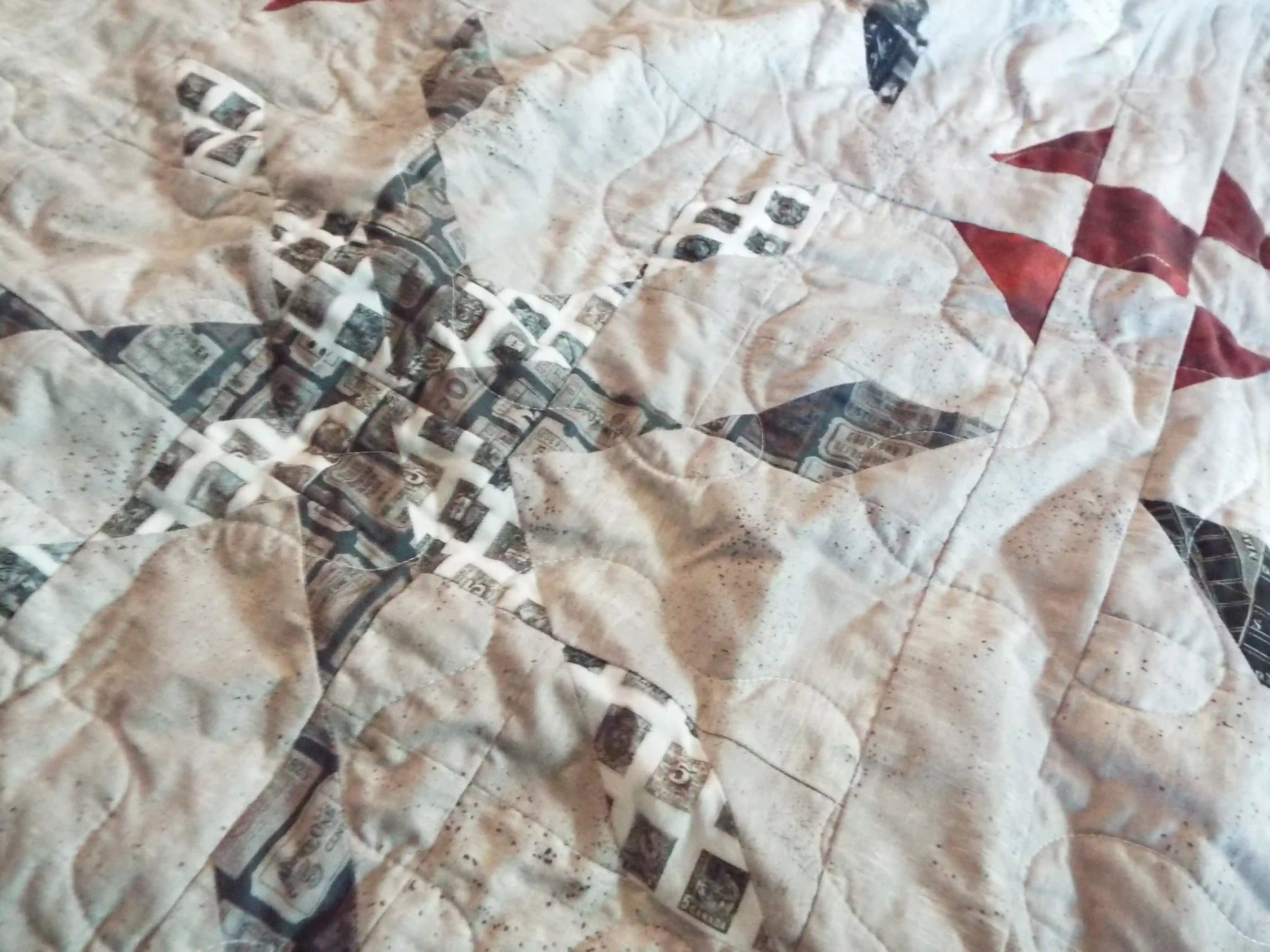 Closer look at Cartographer's Notes Queen Quilt showing fabric, piecing, and stitching detail.