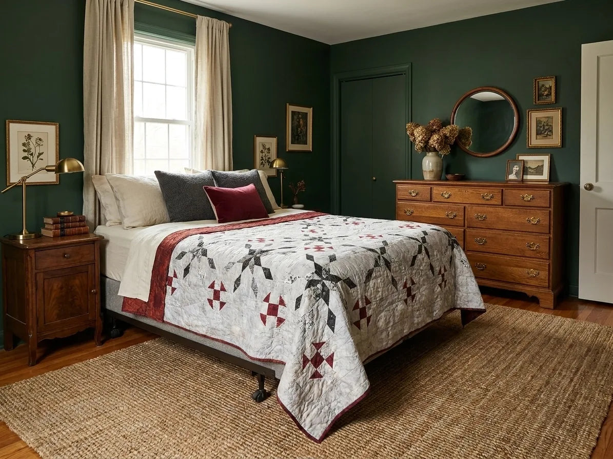 A styled bedroom interior featuring a bed with Cartographer's Notes Queen Quilt, set against dark green walls with a wooden dresser, nightstand, and natural jute rug.