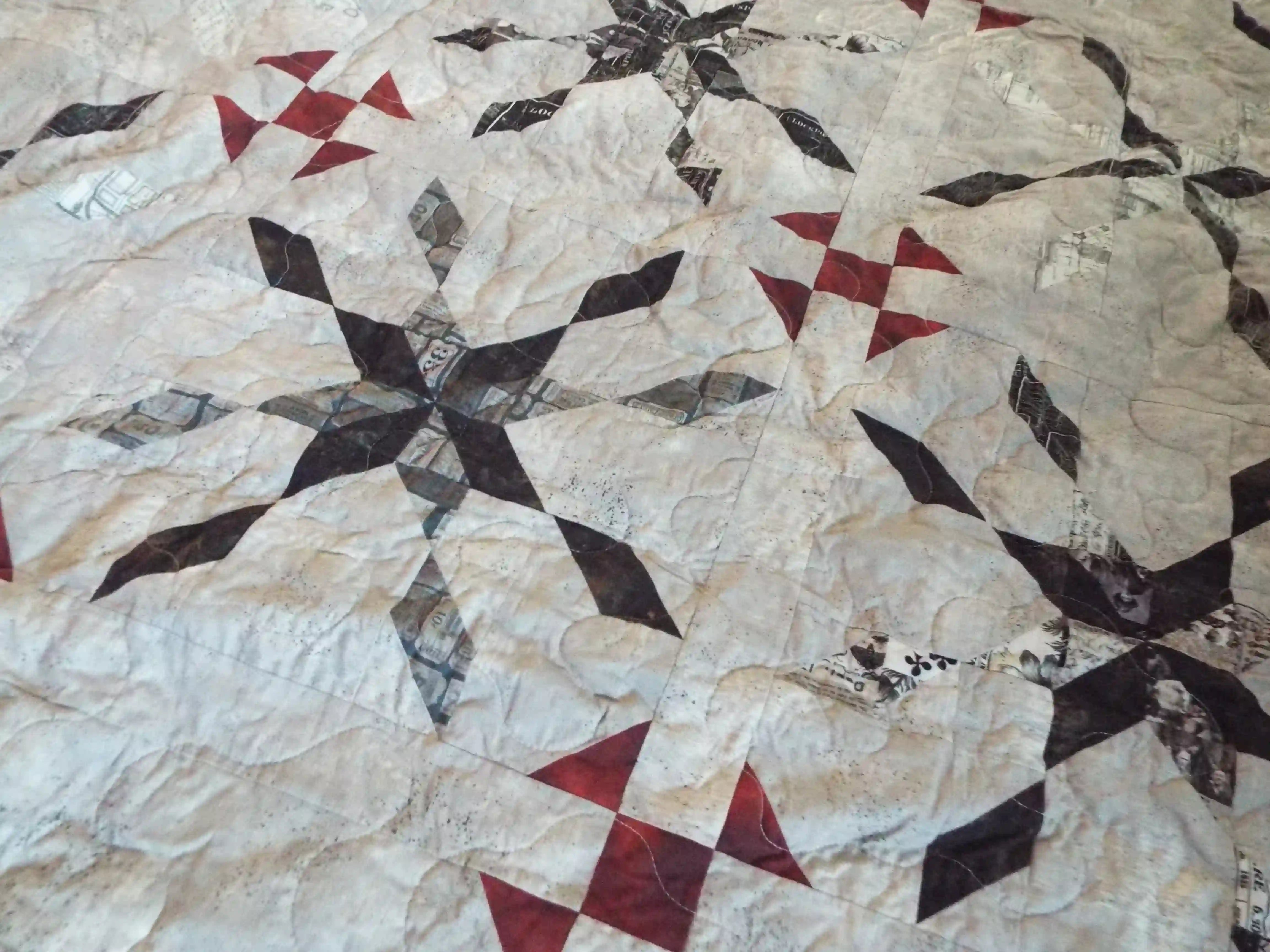 Detail showing some of the fabrics and the quilt stitching for Cartographer's Notes Queen Quilt.