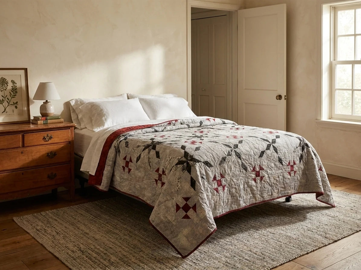 A quilted bedspread with Cartographer's Notes Queen Quilt styled on a bed in a warm, sunlit bedroom with a wooden nightstand and textured rug.