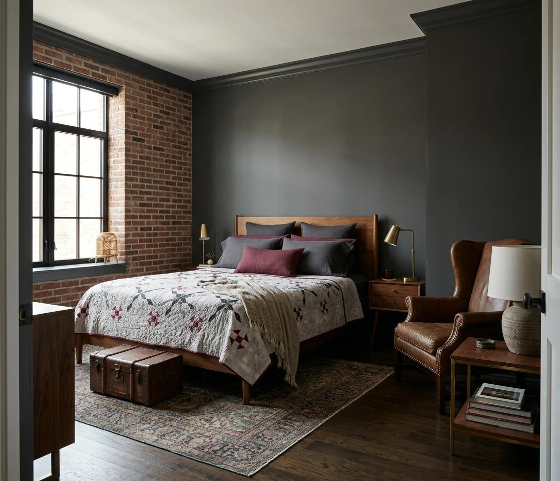 A styled bedroom interior featuring a wooden bed with Cartographer's Notes Queen Quilt, set against a dark charcoal wall and exposed brick accent wall. A brown leather wingback chair, wooden nightstands, lamps, and a patterned area rug complete the room.
