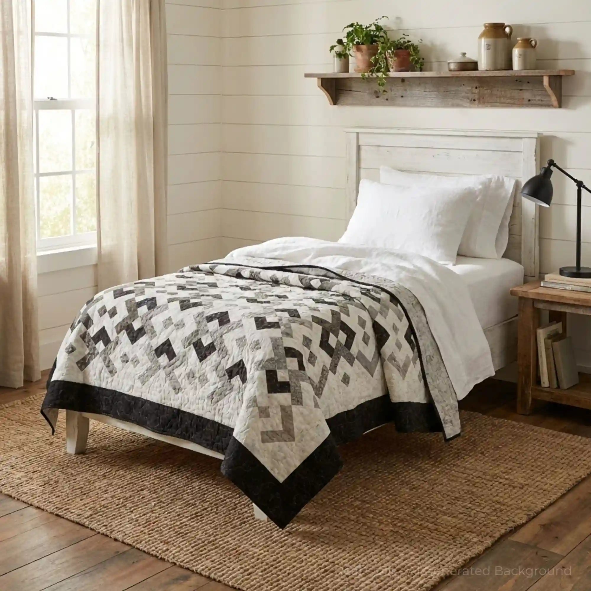 Quilt shown on a twin bed in a farmhouse styled bedroom