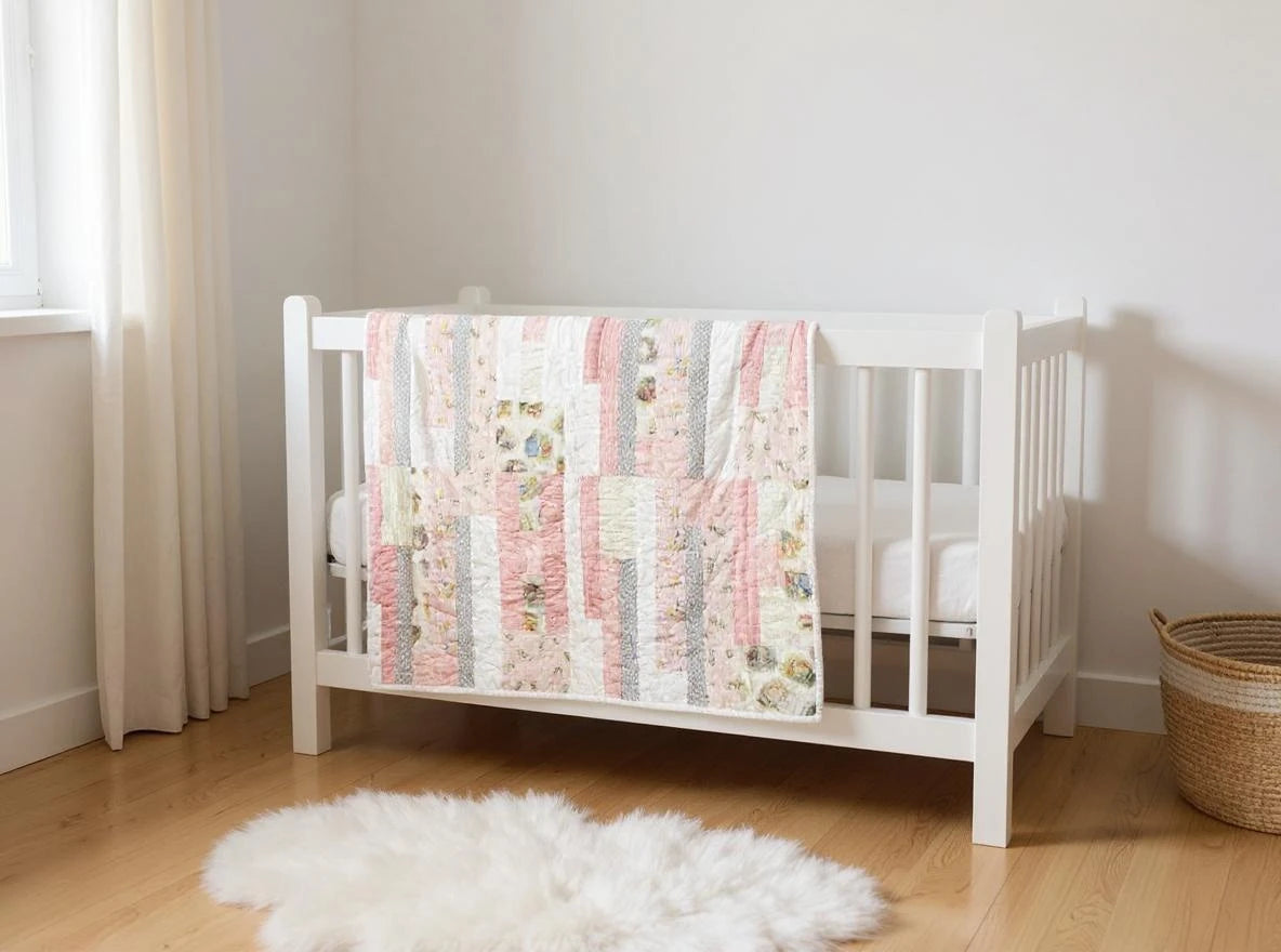 Daisy Dreams baby quilt draped over white crib in neutral nursery with wood floors