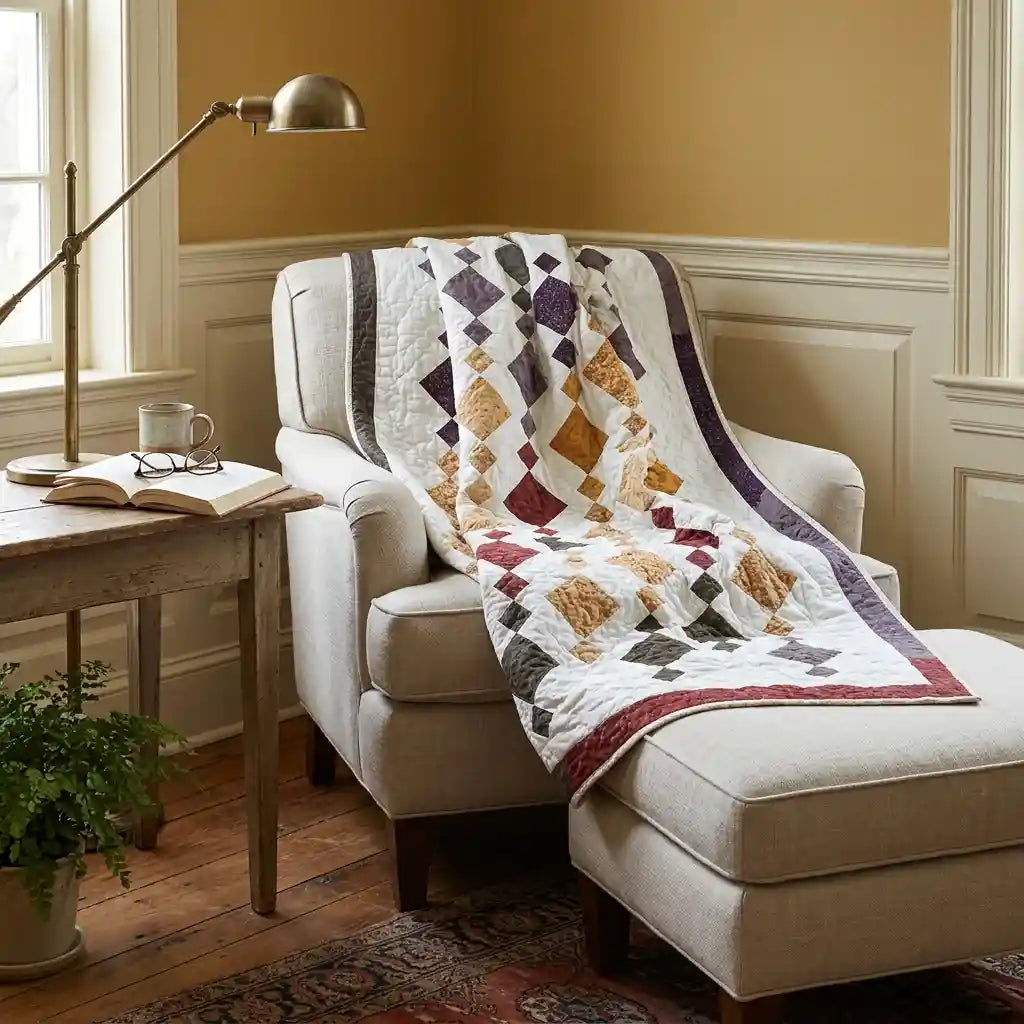 Embers at Dusk lap quilt shown over a chair and ottoman in a reading corner