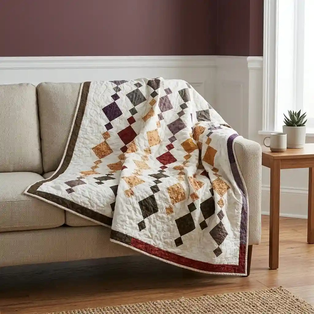 Embers at Dusk lap quilt draped over the corner of a neutral sofa