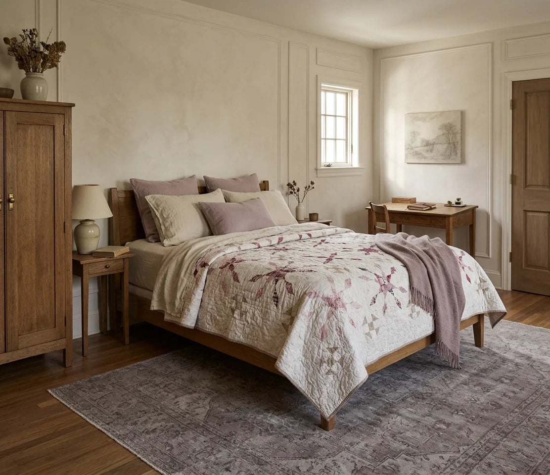 Scarlet Correspondence Queen Quilt shown in a neutral room with a gray rug.