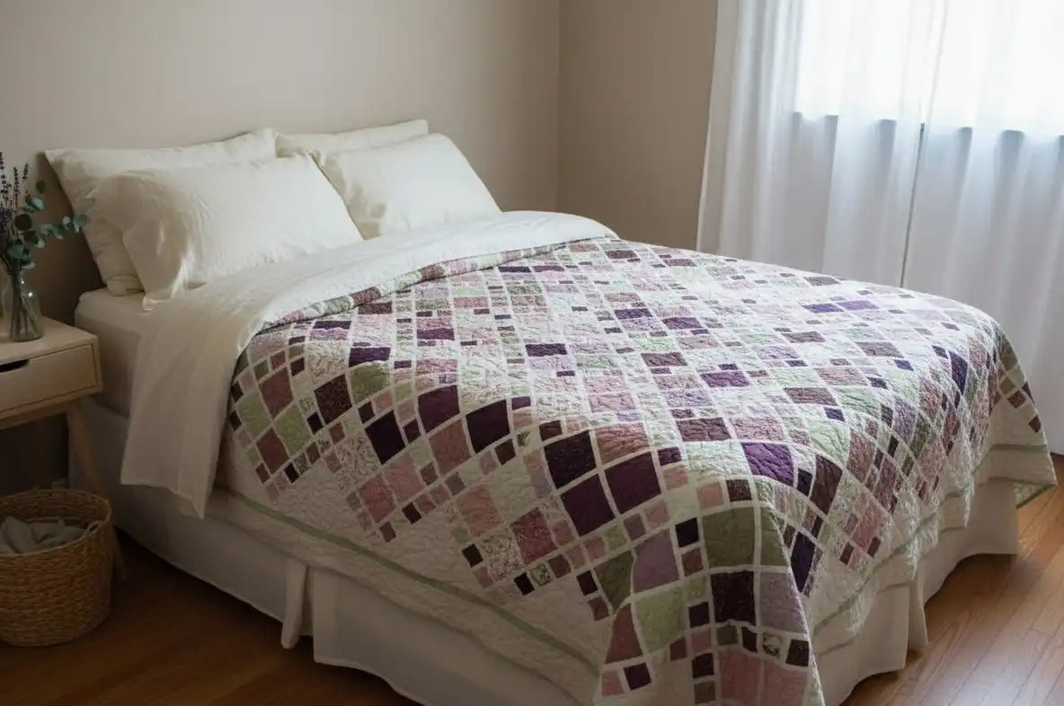 Handmade king quilt in lavender, rose, and sage tones styled in a cozy cottage bedroom with natural light and soft linen bedding.