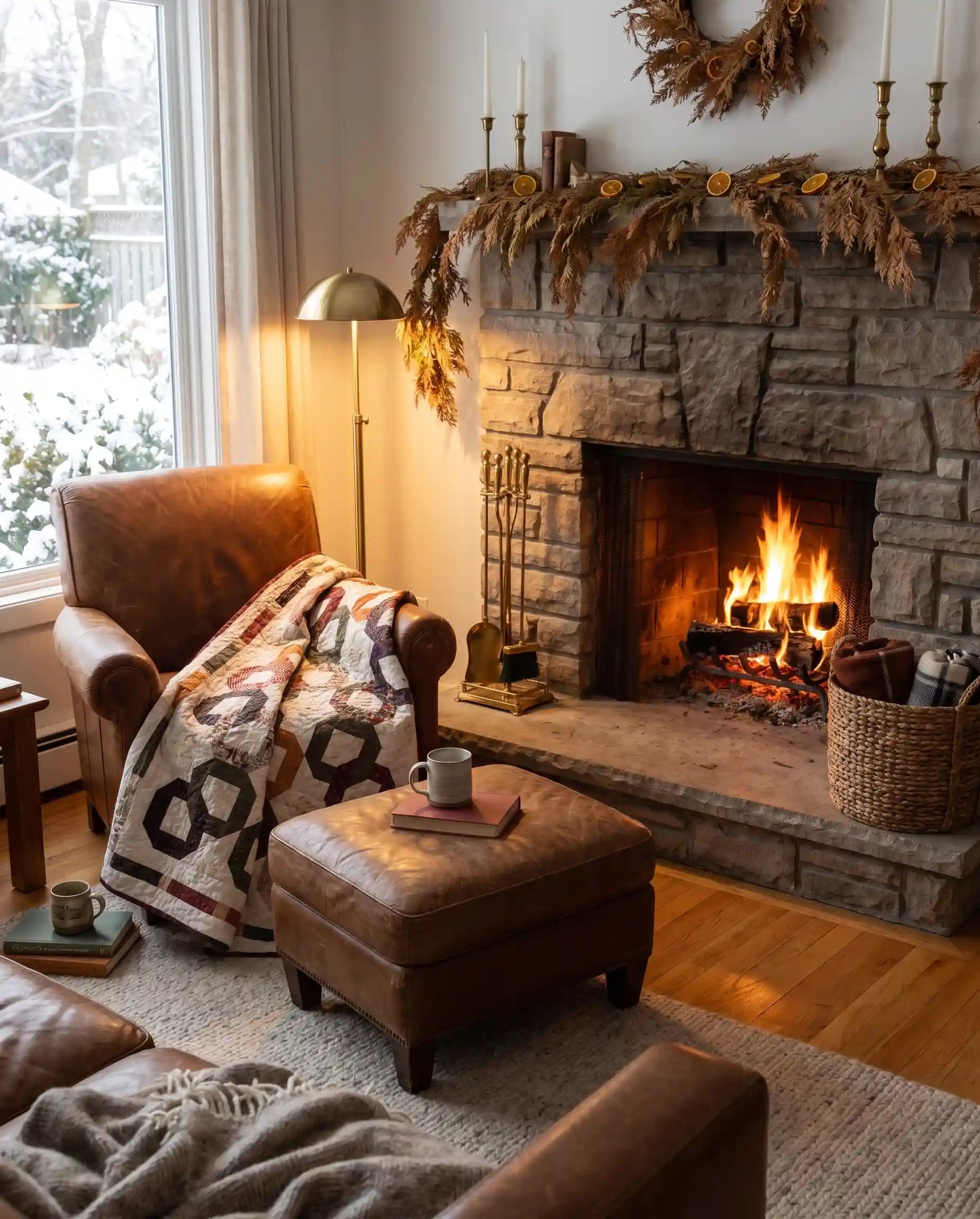 Fireside Links Lap Quilt shown over a leather chair near a stone fireplace in a classically decorated living room.
