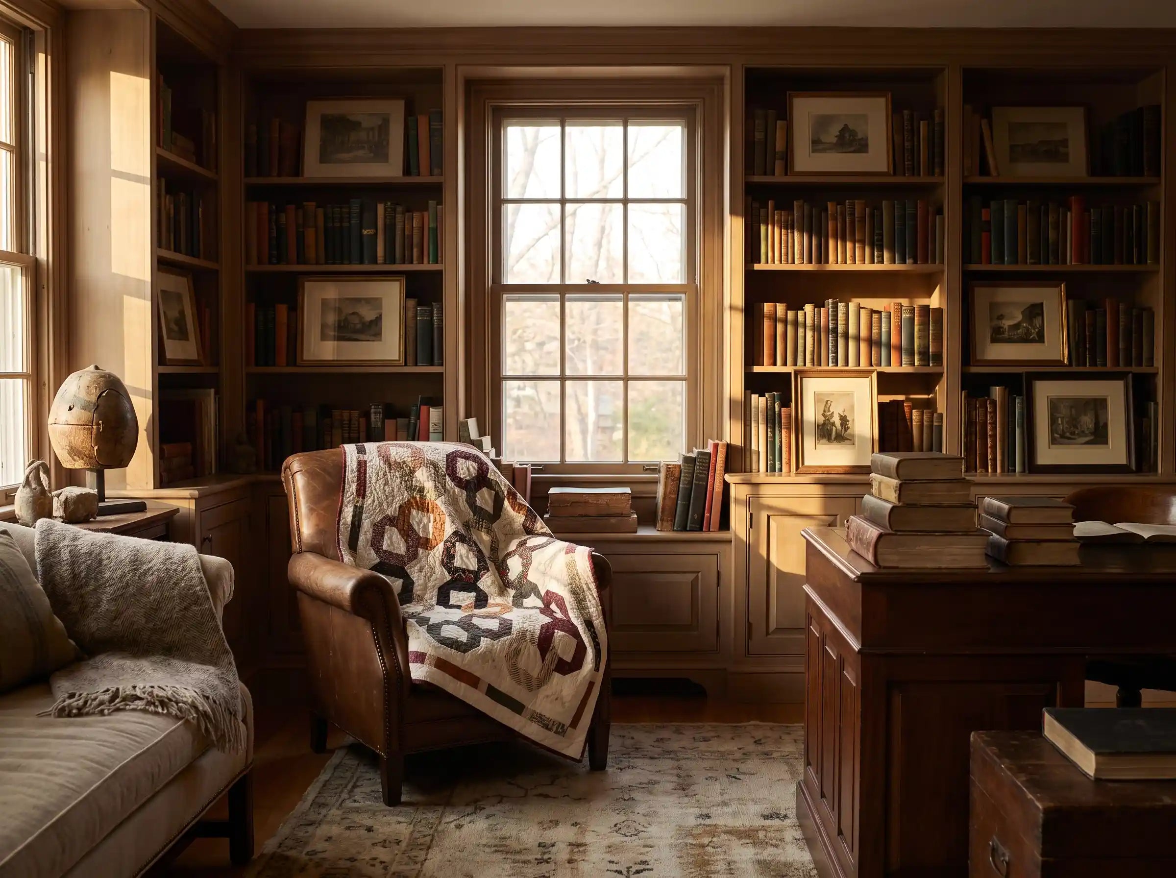 Fireside Links Lap Quilt shown draped over a brown leather chair in a traditional study.