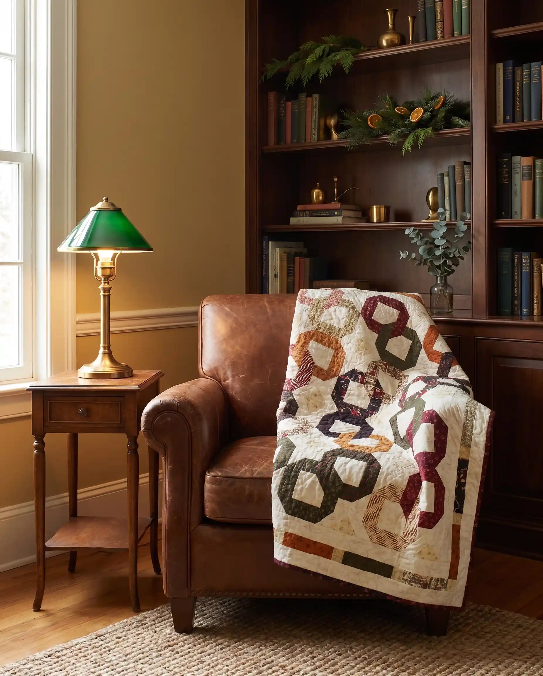 Fireside Links Lap Quilt shown on a brown leather chair in a reading nook with wooden bookshelves behind it.