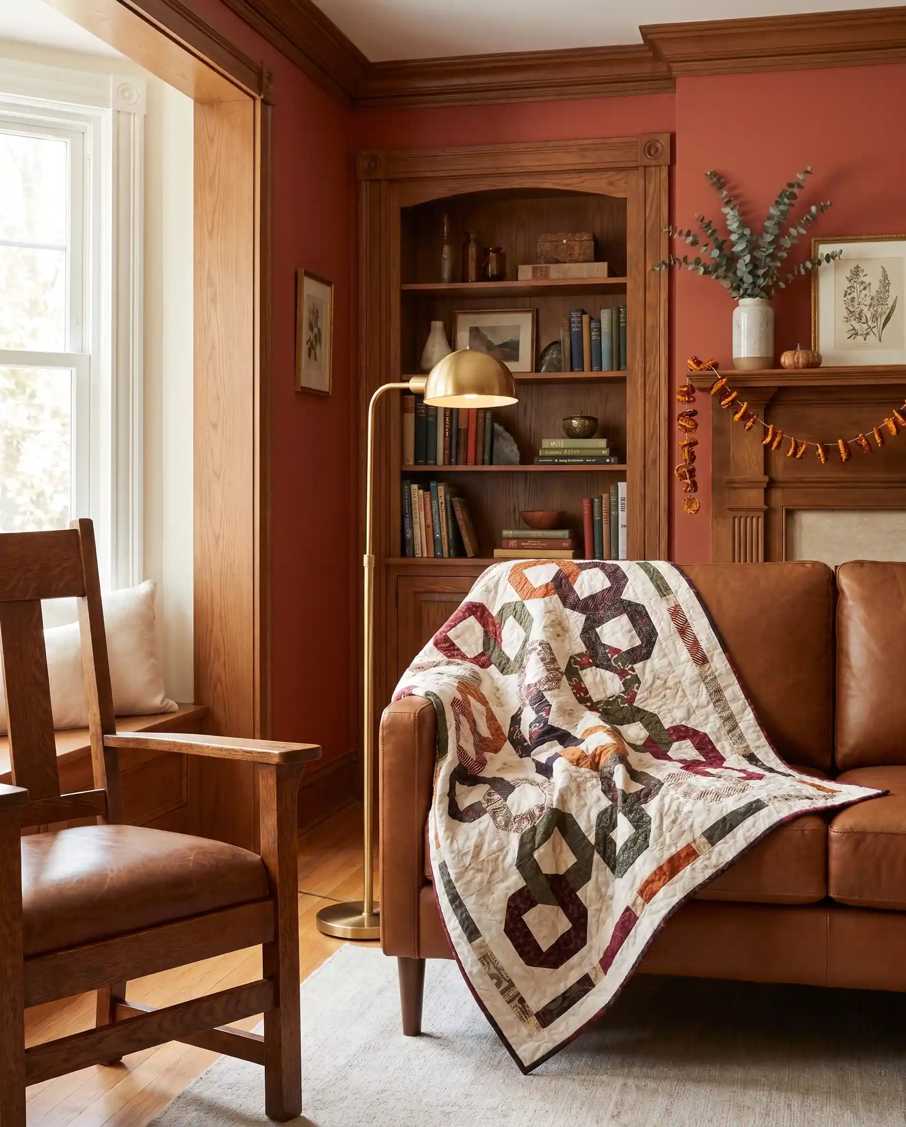 Fireside Links Lap Quilt shown on a tan leather sofa in a traditionally designed living room.