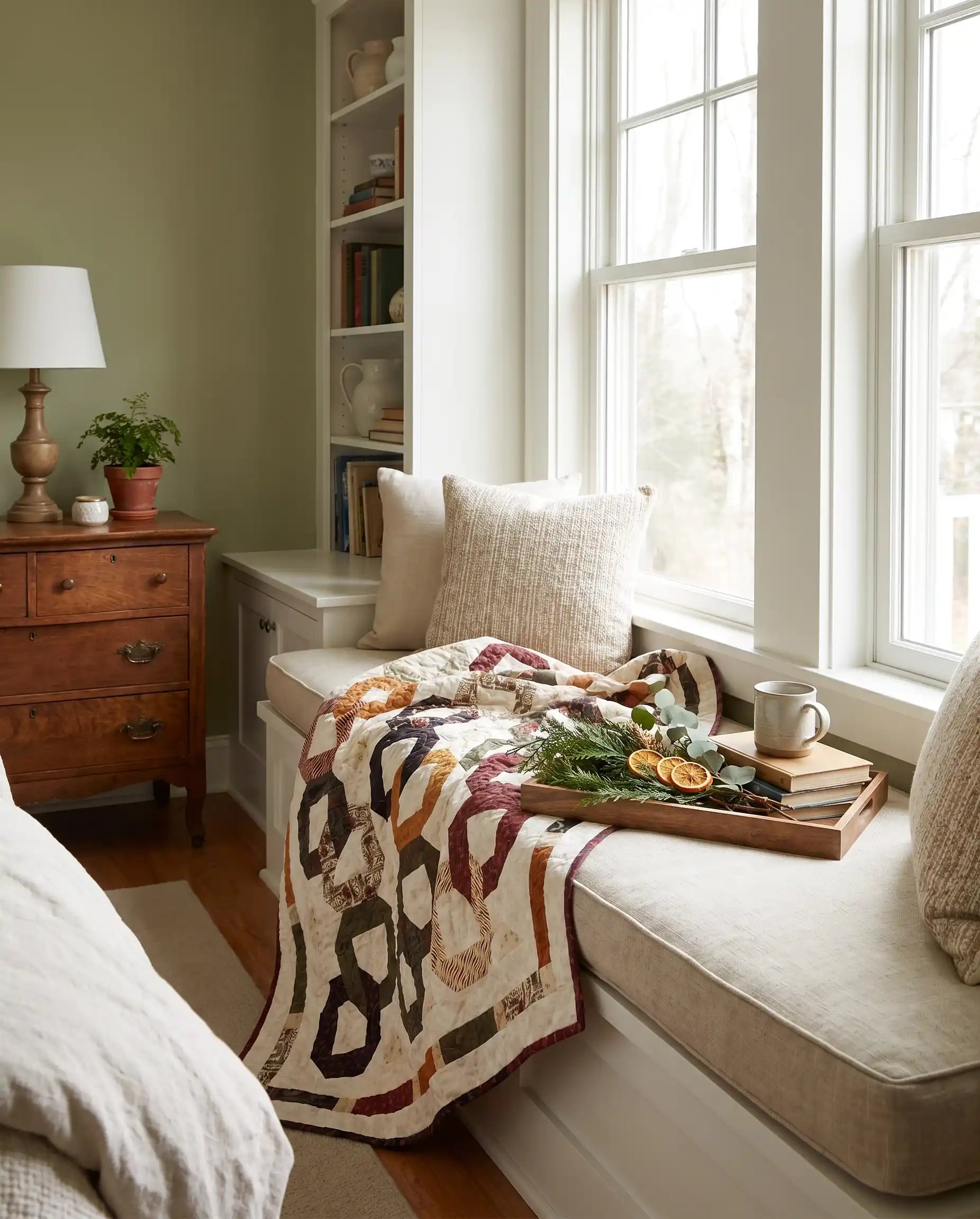 Fireside Links Lap Quilt shown on a window seat in a neutrally designed bedroom.