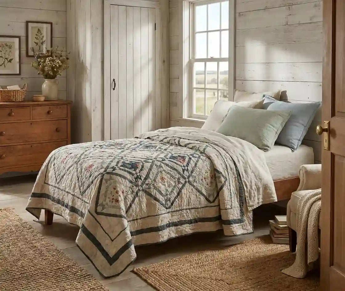 Framed Botanicals Twin Quilt shown in a farmhouse-inspired bedroom.
