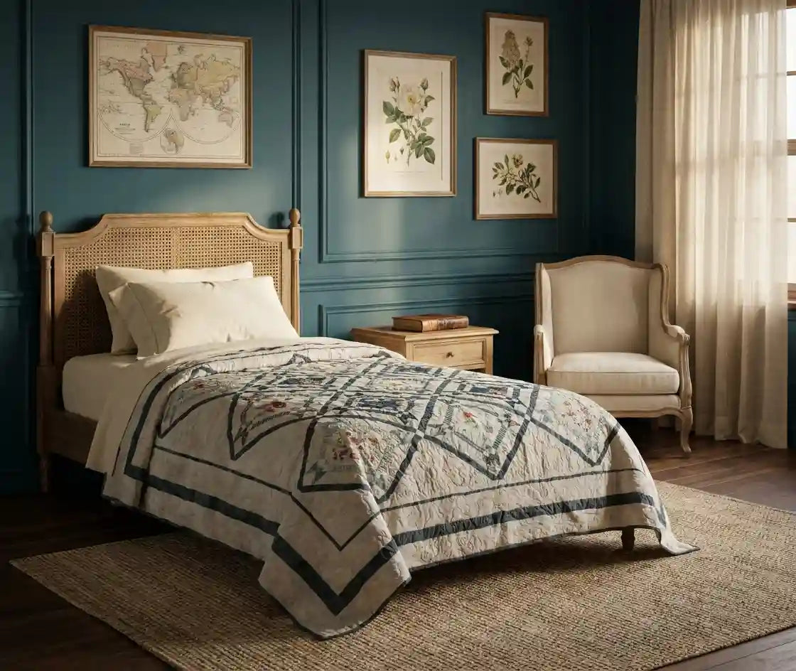 Framed Botanicals Twin Quilt shown in a traditionally styled bedroom.