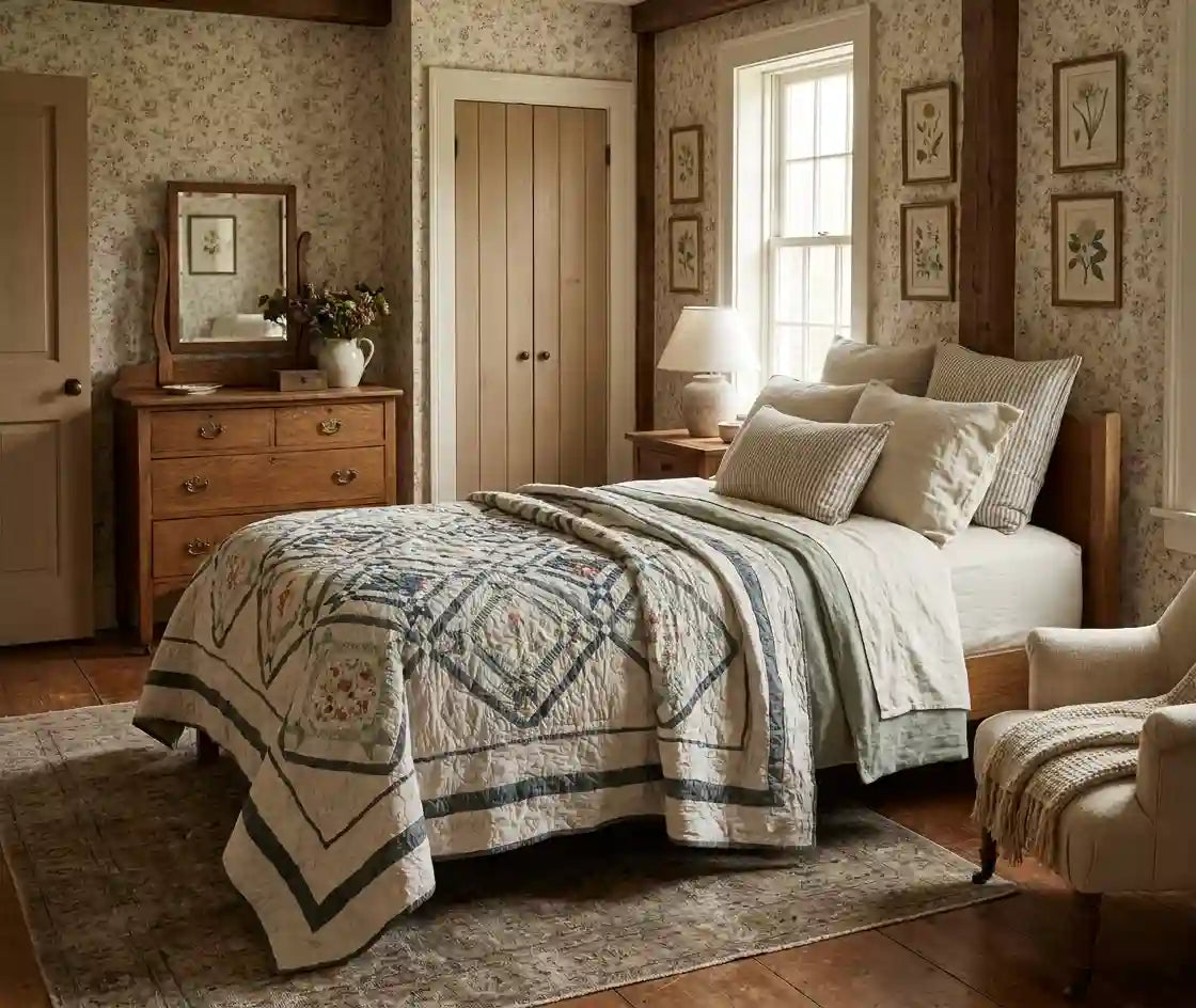 Framed Botanicals Twin Quilt shown in an English country inspired bedroom.