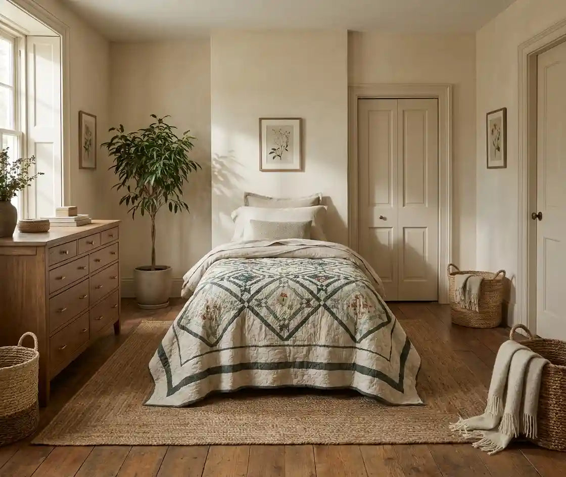 Framed Botanicals Twin Quilt shown in a simply decorated bedroom.