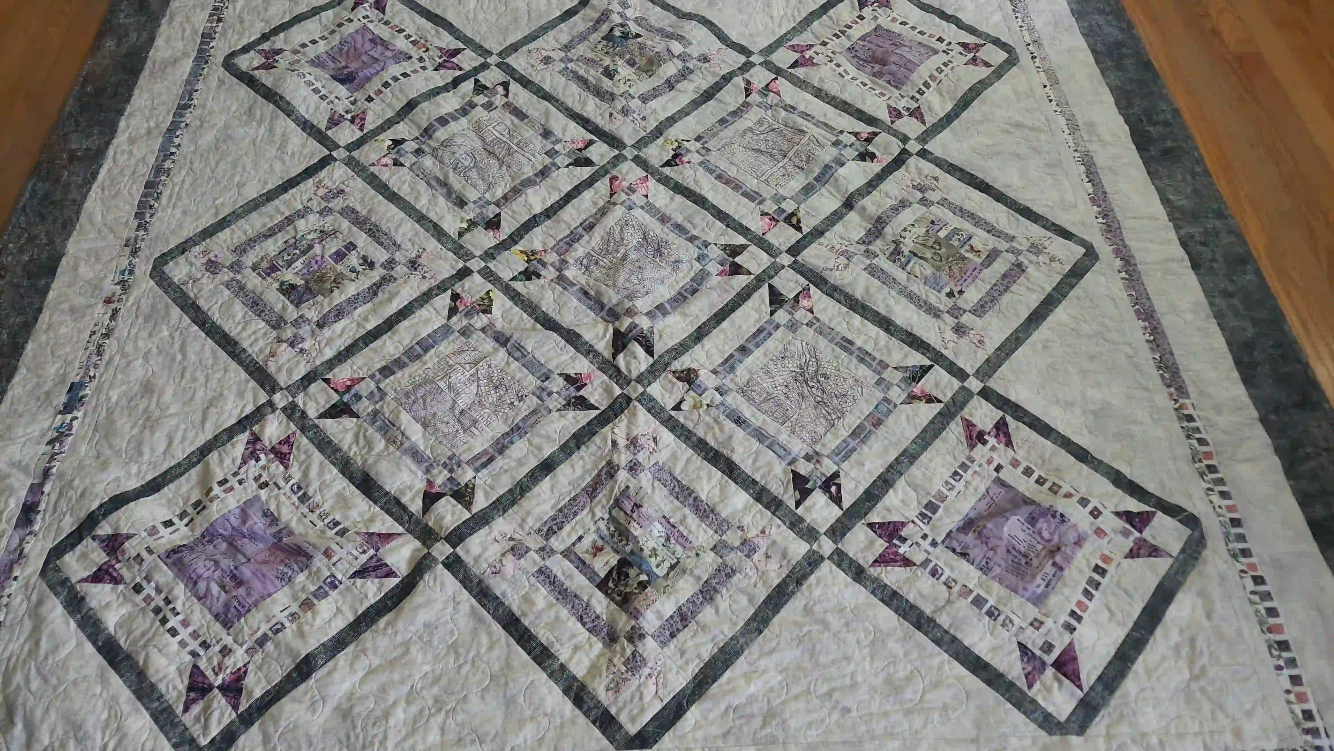 Alternate view of Gathered Correspondence Twin Quilt showing center detail.