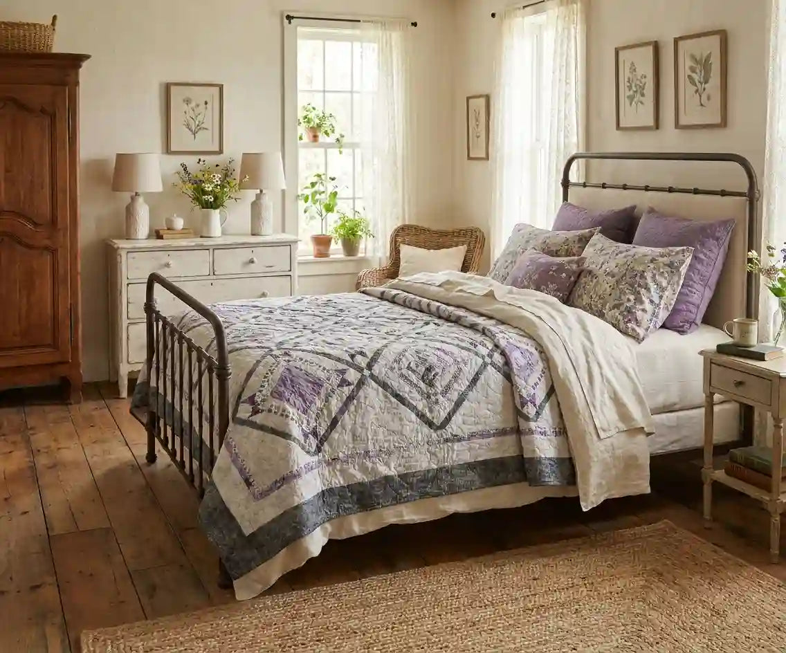 Gathered Correspondence Twin Quilt shown in cottage-core inspired bedroom.