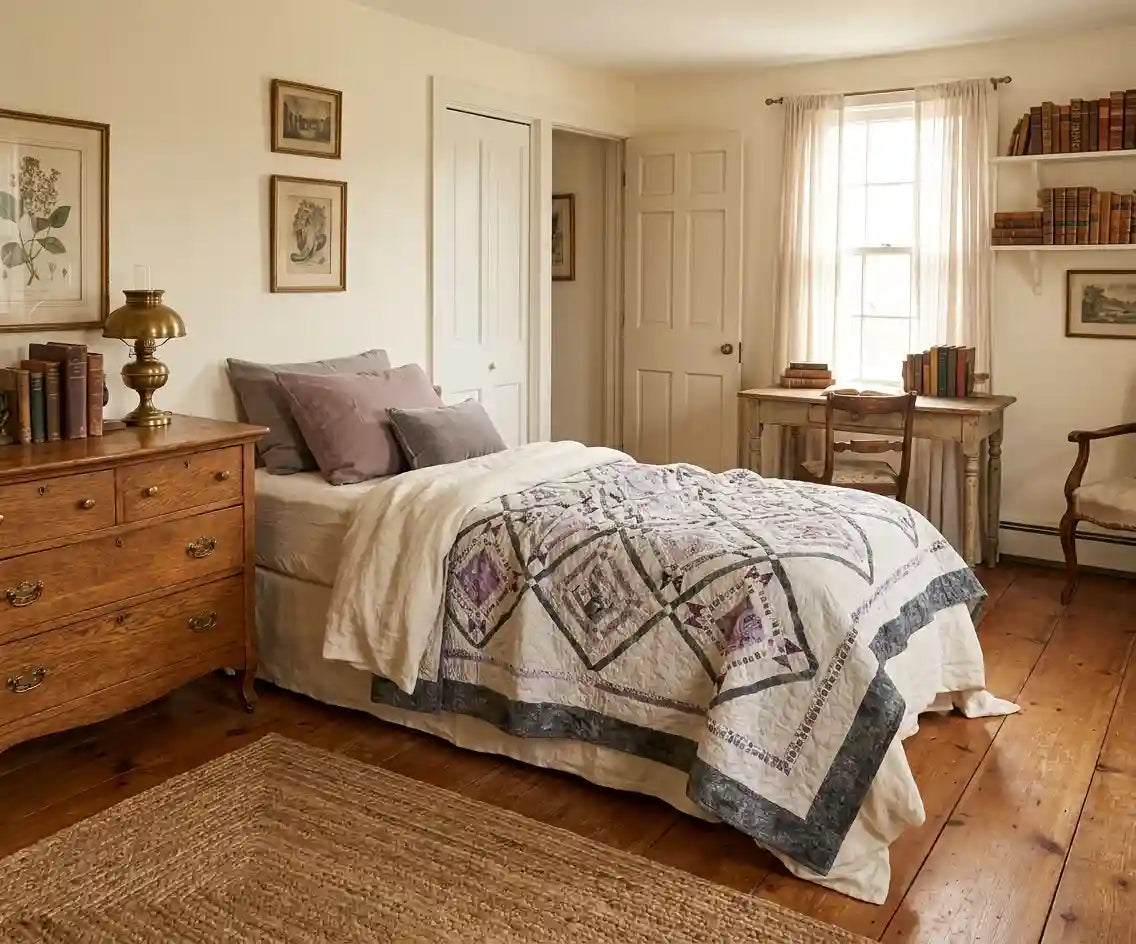 Gathered Correspondence Twin Quilt shown in academia inspired bedroom.