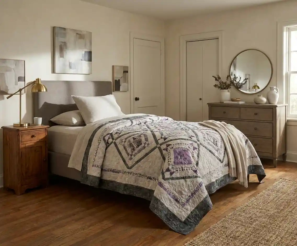 Gathered Correspondence Twin Quilt shown in elegantly simple bedroom.