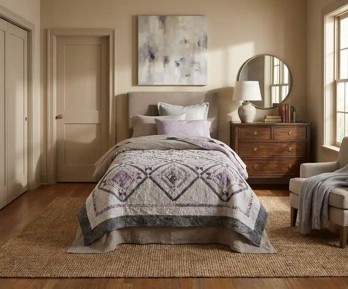 Gathered Correspondence Twin Quilt shown in simple but elegant bedroom.