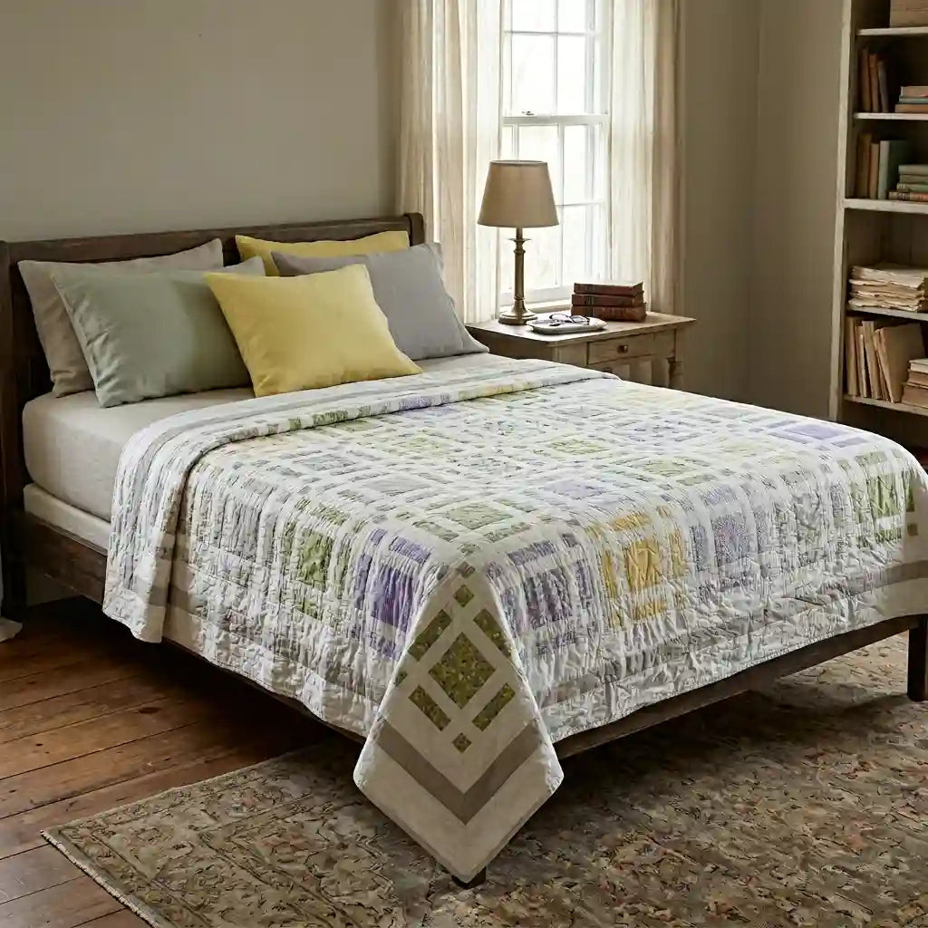Georgian Garden queen quilt in a room decorated simply with bookshelves filled with old books