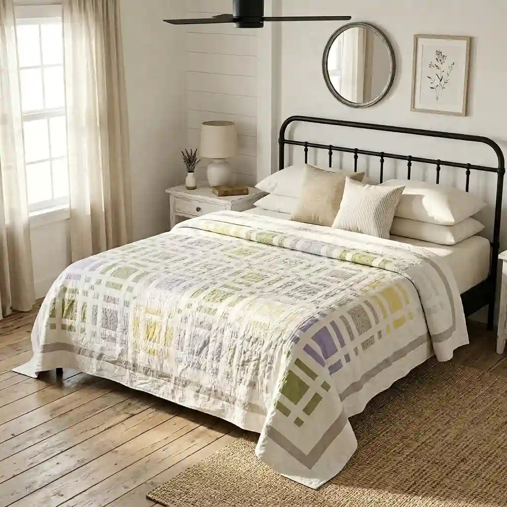 Georgina Garden on a queen size bed in a neutral bedroom with a black iron bed frame and wooden floors