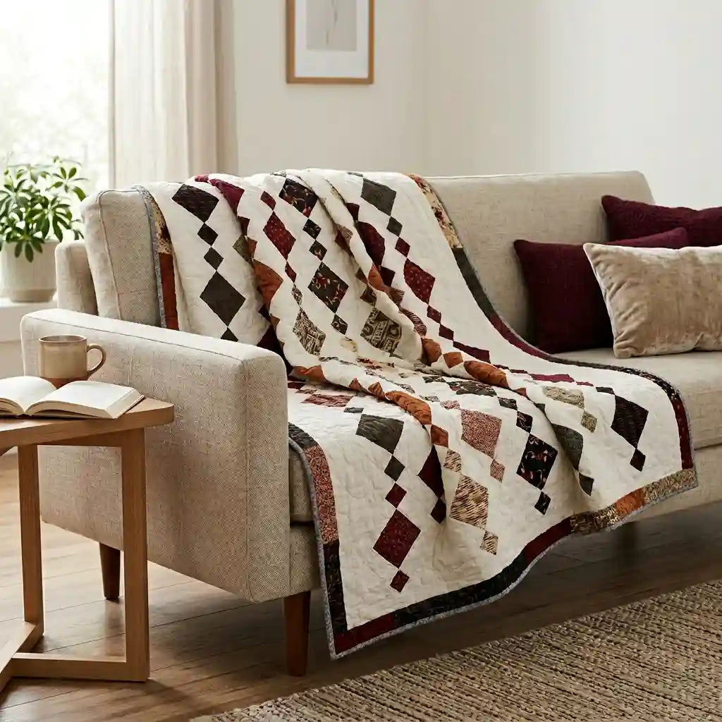 Holiday Heirloom lap quilt shown draped over a neutral couch