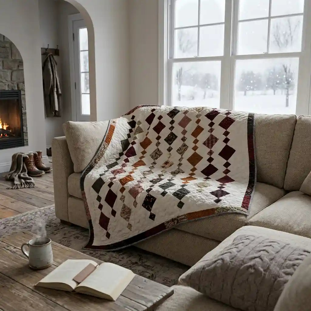Holiday Heirloom lap quilt shown draped over a sectional
