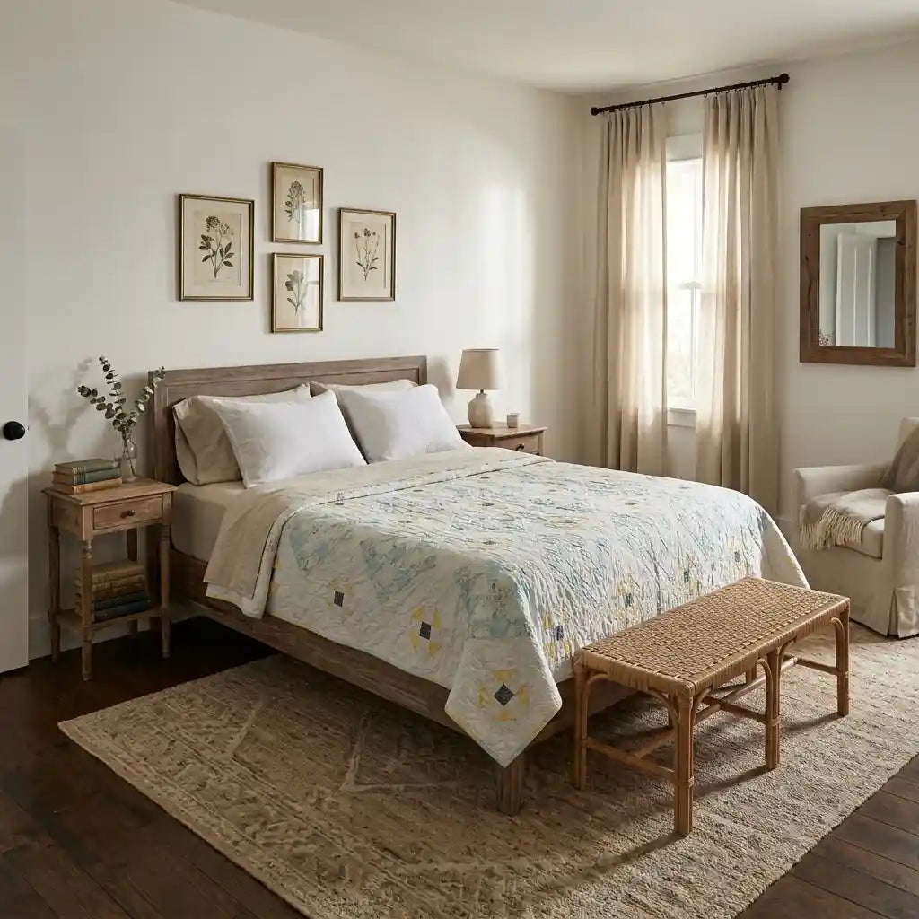 Honeybloom Queen shown in a neutral farmhouse bedroom setting.