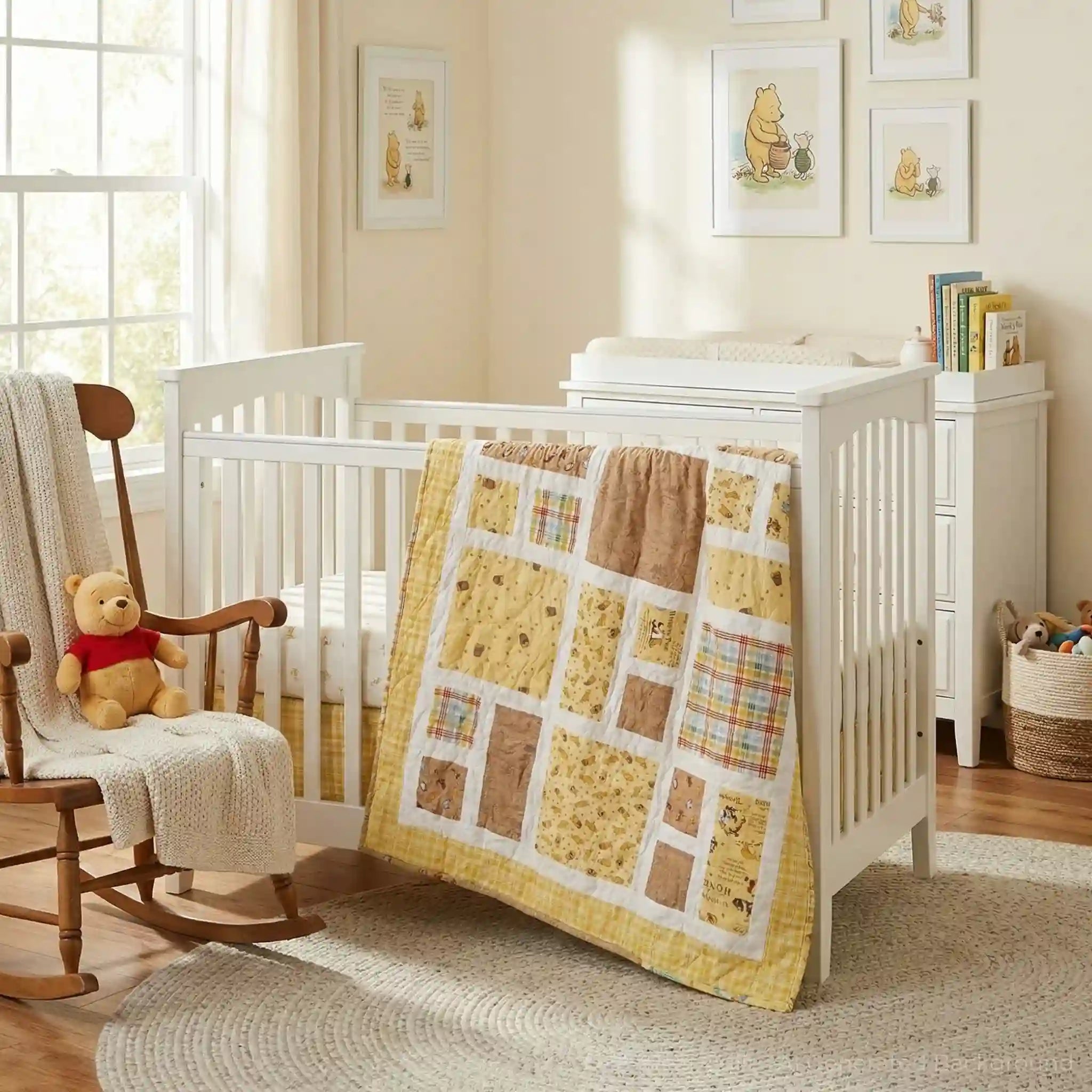 Handmade quilt shown draped over the side of a crib in a themed nursery.
