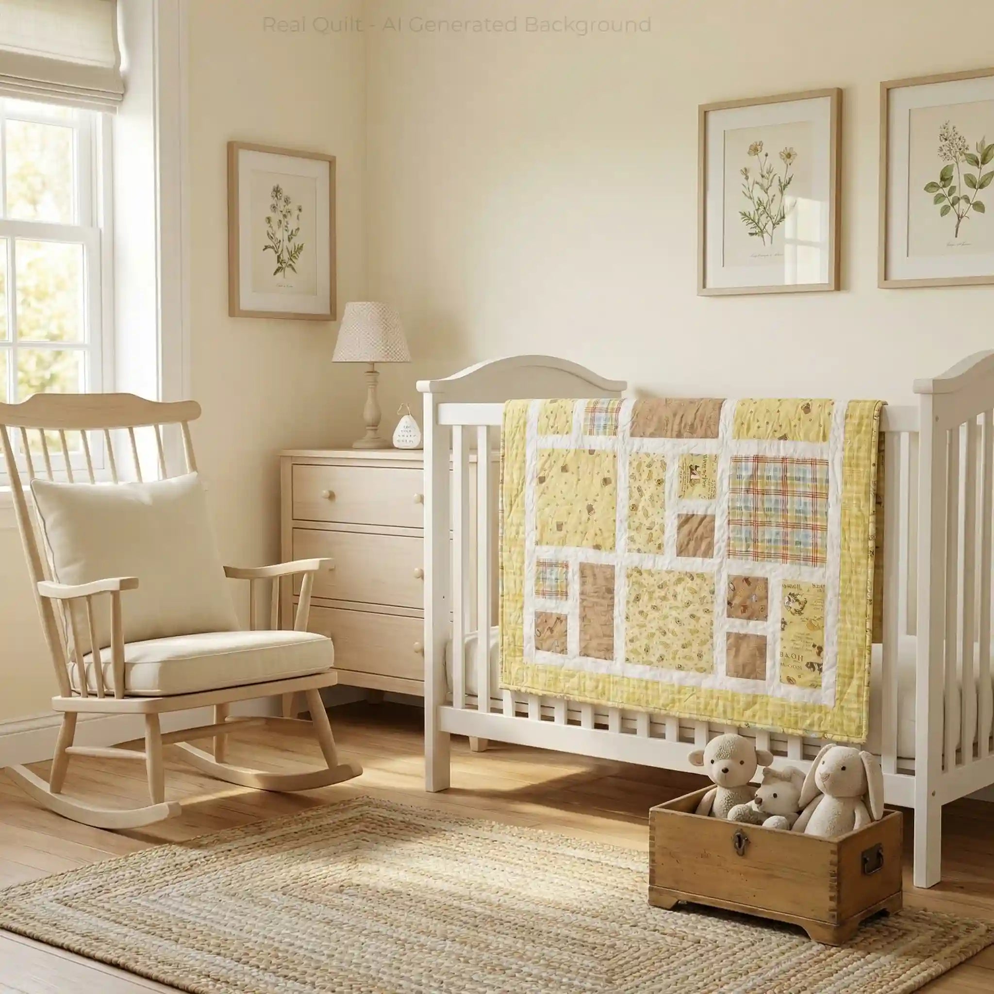 Handmade quilt shown over the side of a crib in a neutral nursery.