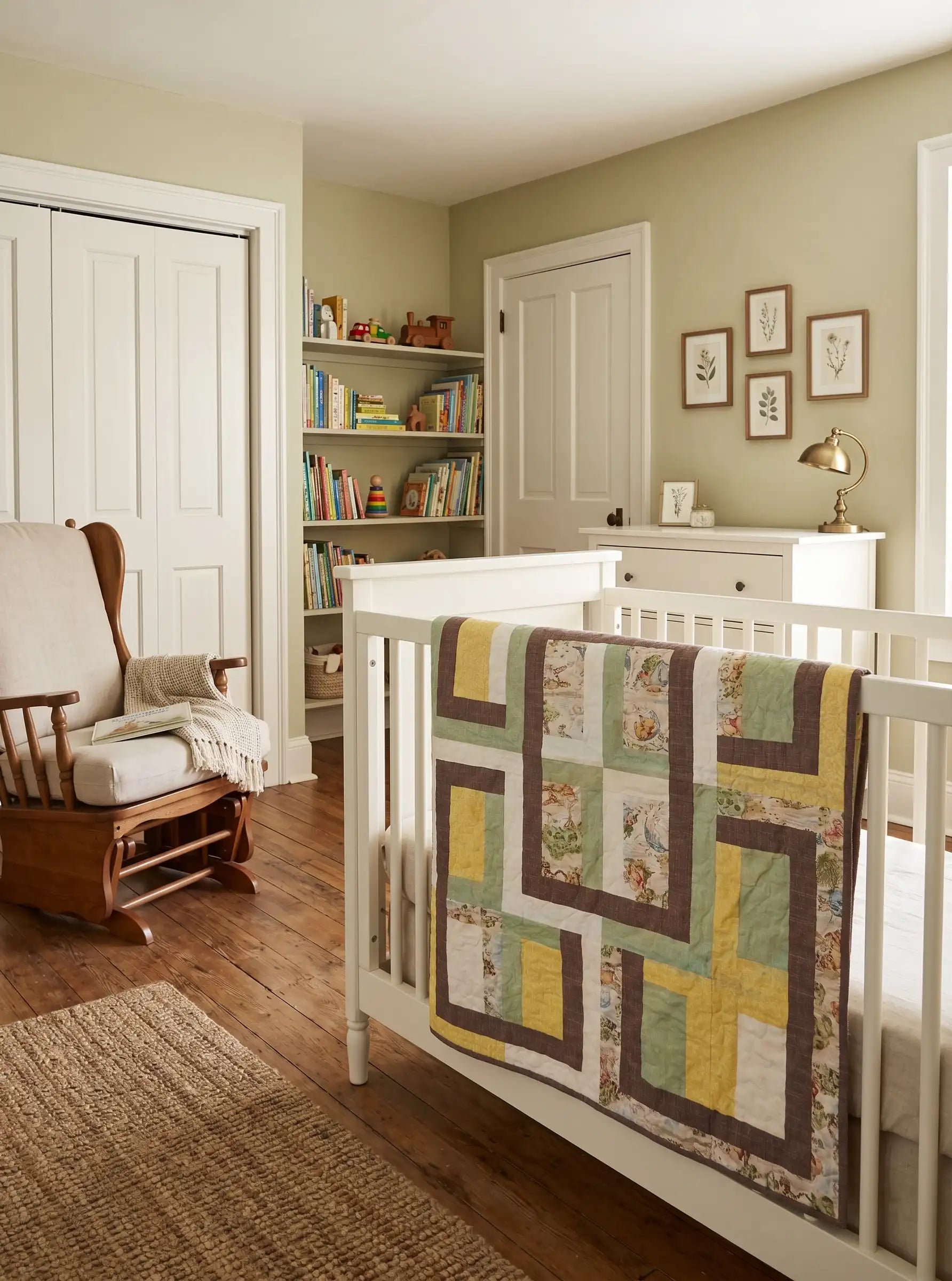 Honeyed Tails Baby Quilt shown draped over the side of a crib in a neutrally decorated nursery.