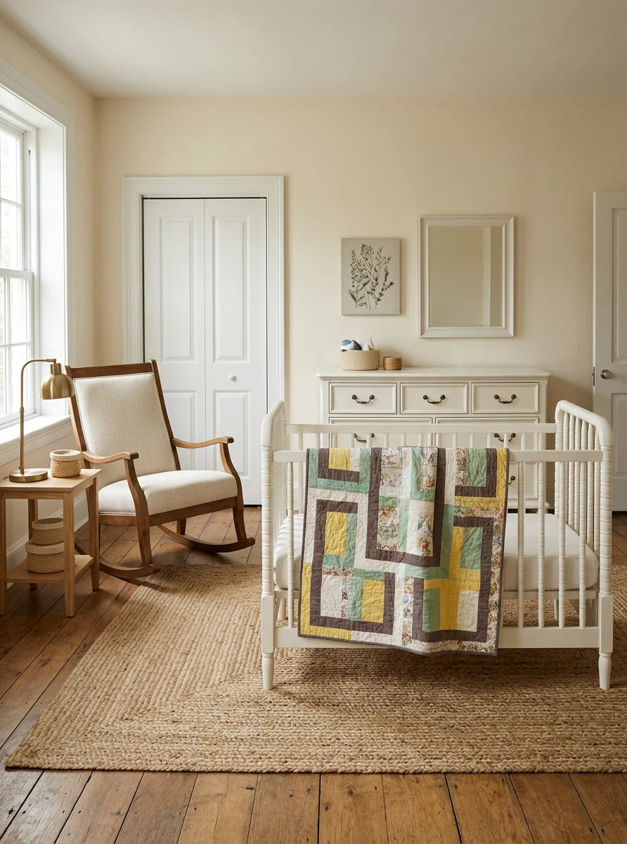 Honeyed Tails Baby Quilt shown draped over a crib in a minimally decorated nursery.