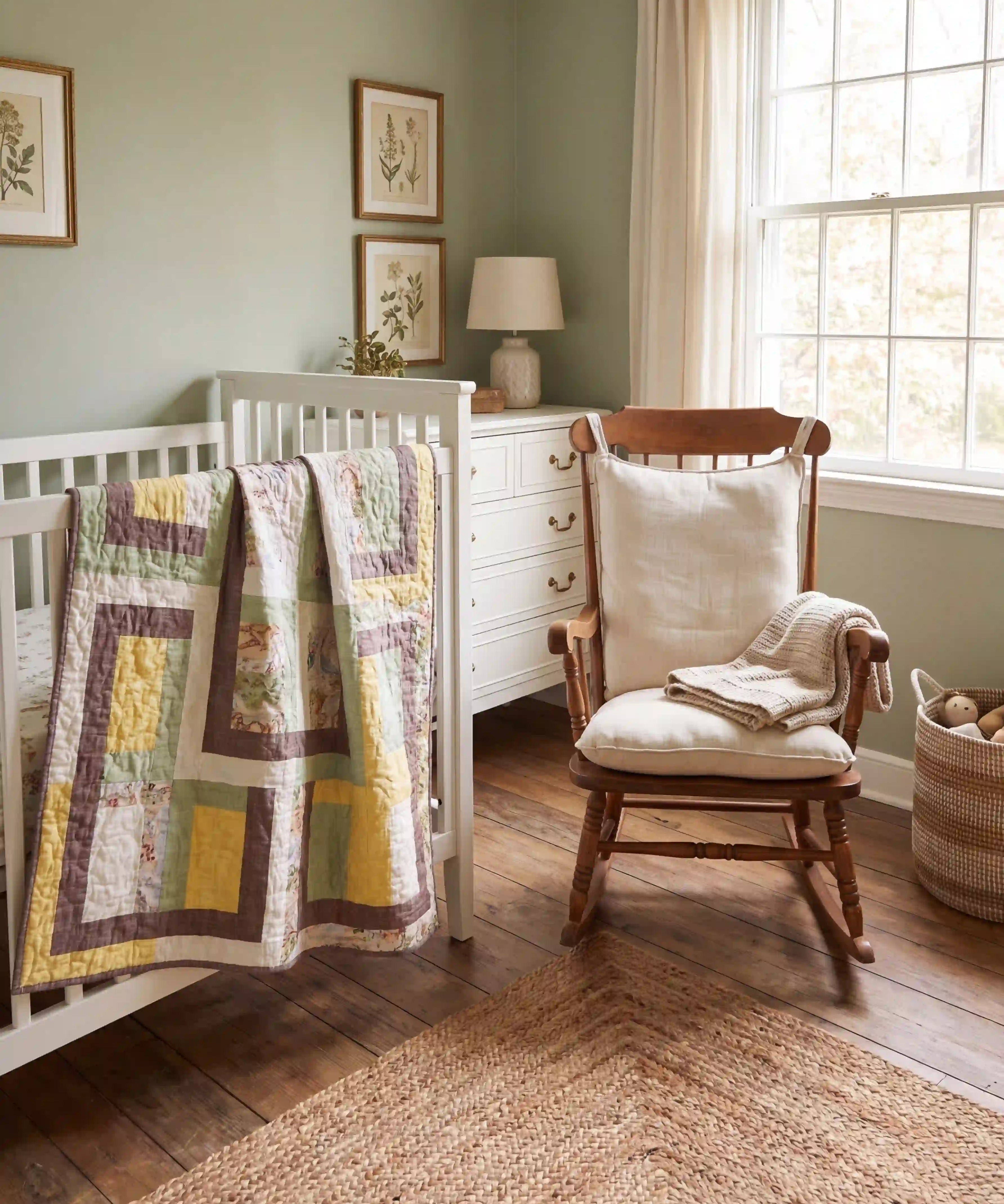 Honeyed Tails shown draped over a white crib in a pale green nursery.