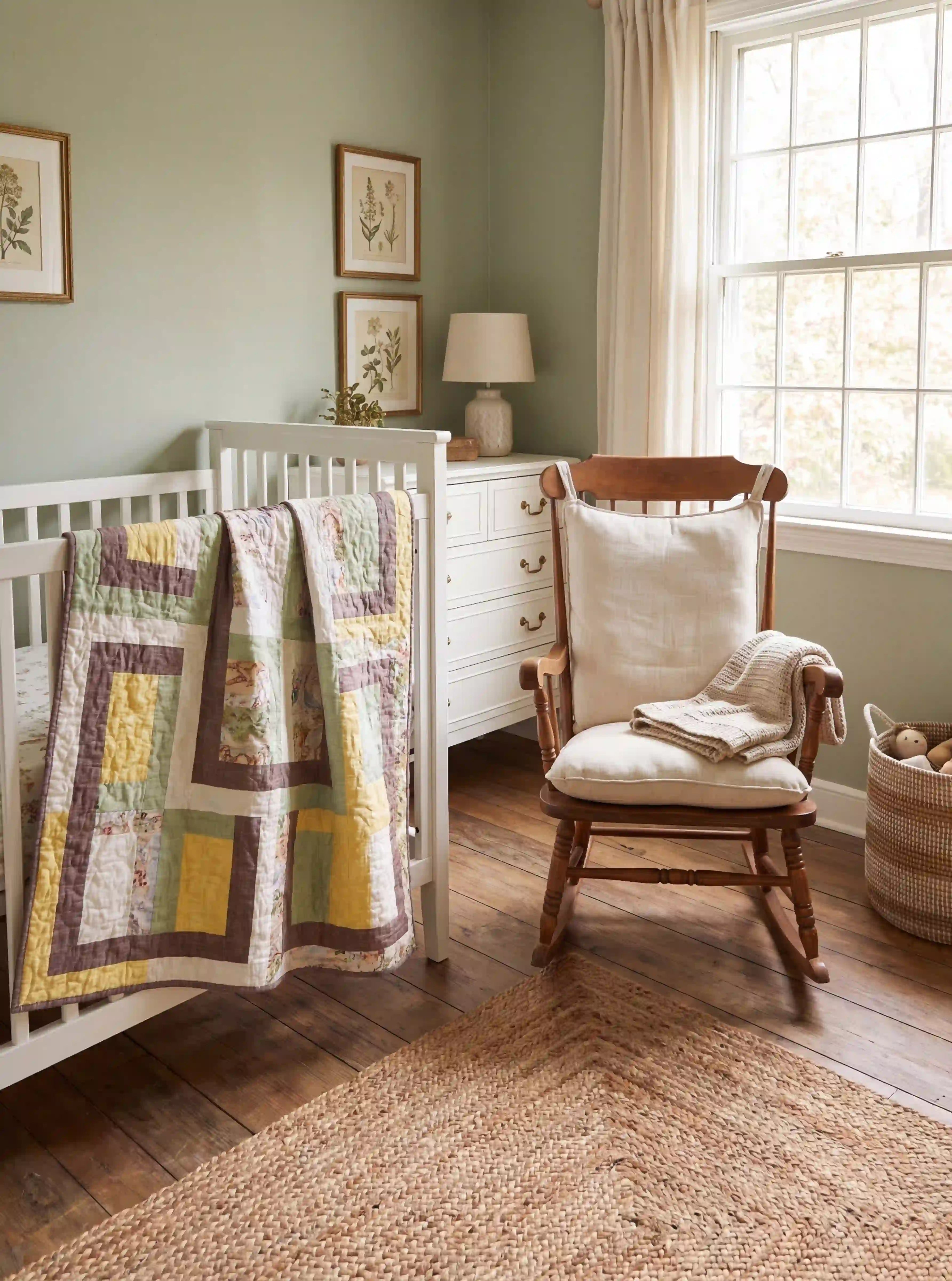 Honeyed Tails shown draped over a white crib in a pale green nursery.