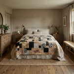 Inkstone King quilt shown in a contemporary country inspired bedroom with neutral walls.