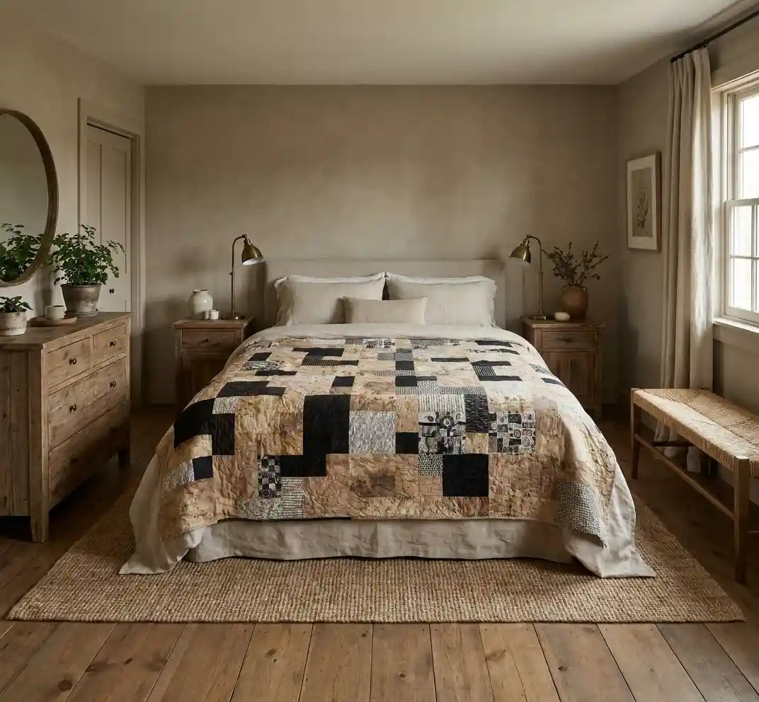 Inkstone King quilt shown in a contemporary country inspired bedroom with neutral walls.